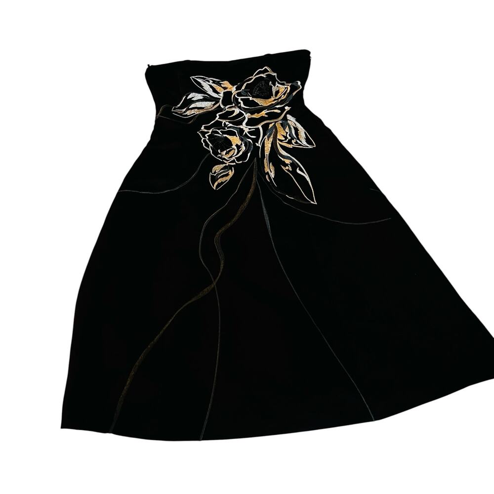 White House Black Market Black Satin Embroidered Strapless Dress Size 4